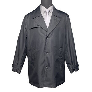 London Fog Men's Trench Coat Large Black Mid-Length Rain Jacket Modern Classic